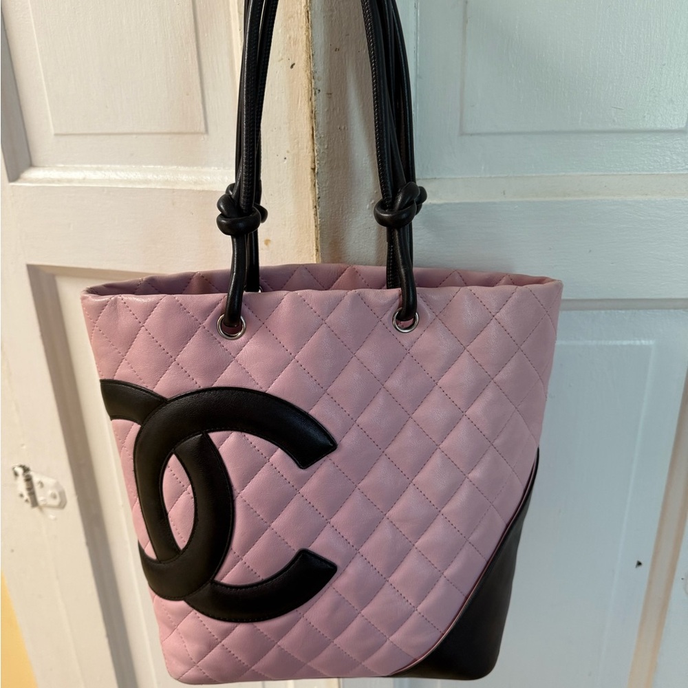 CHANEL Light Pink Quilted Tote with Black Accents